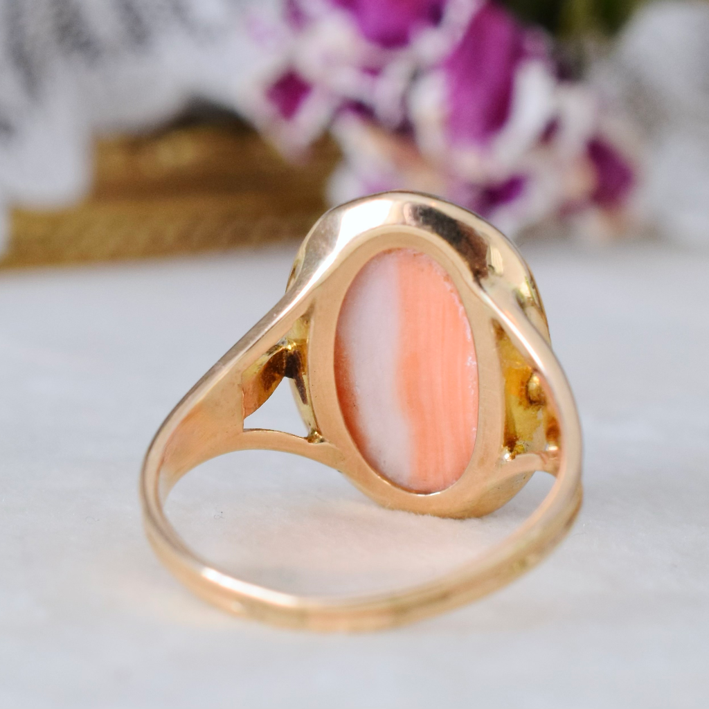 Antique 9ct Rose Gold Salmon Coral Cameo Ring Circa 1915