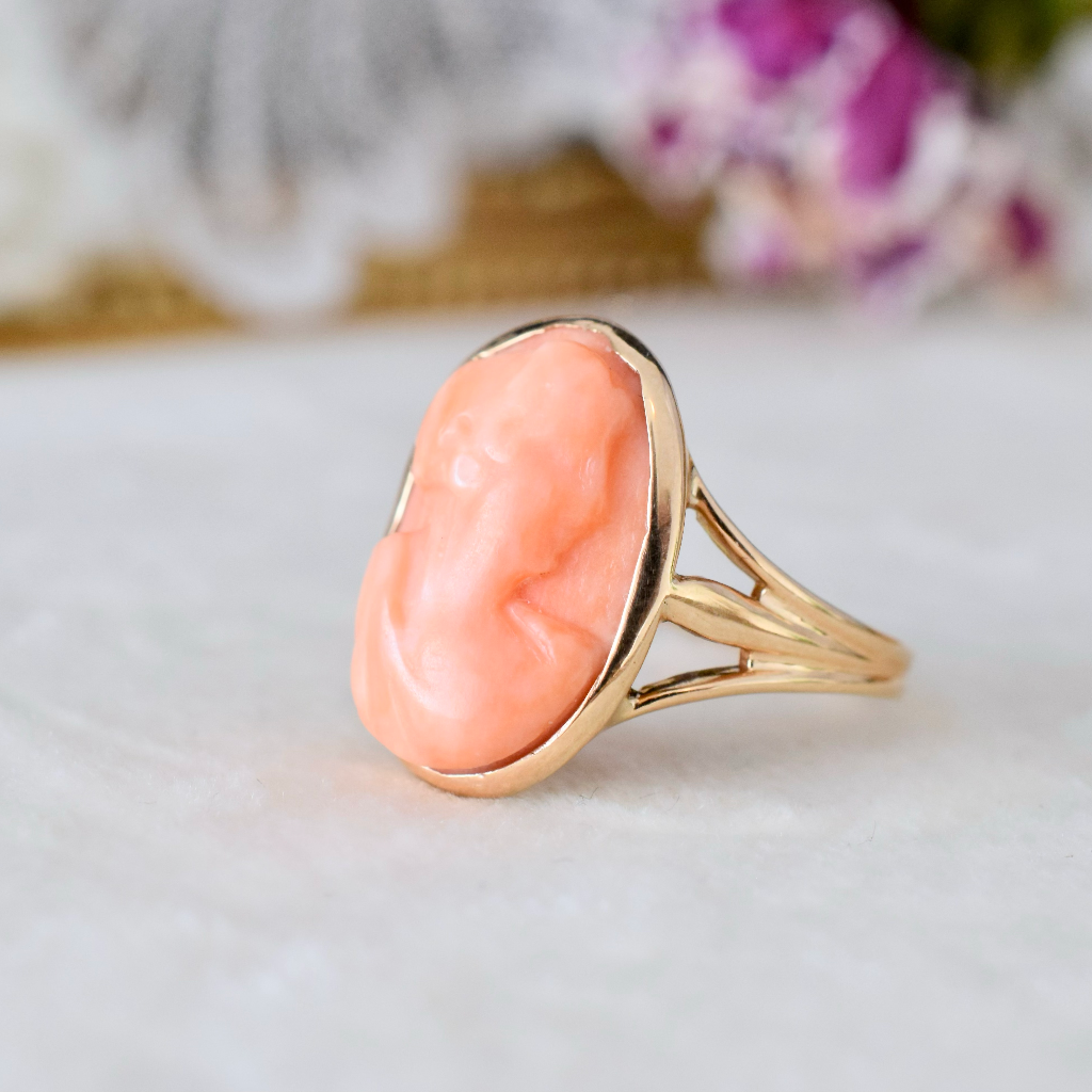 Antique 9ct Rose Gold Salmon Coral Cameo Ring Circa 1915