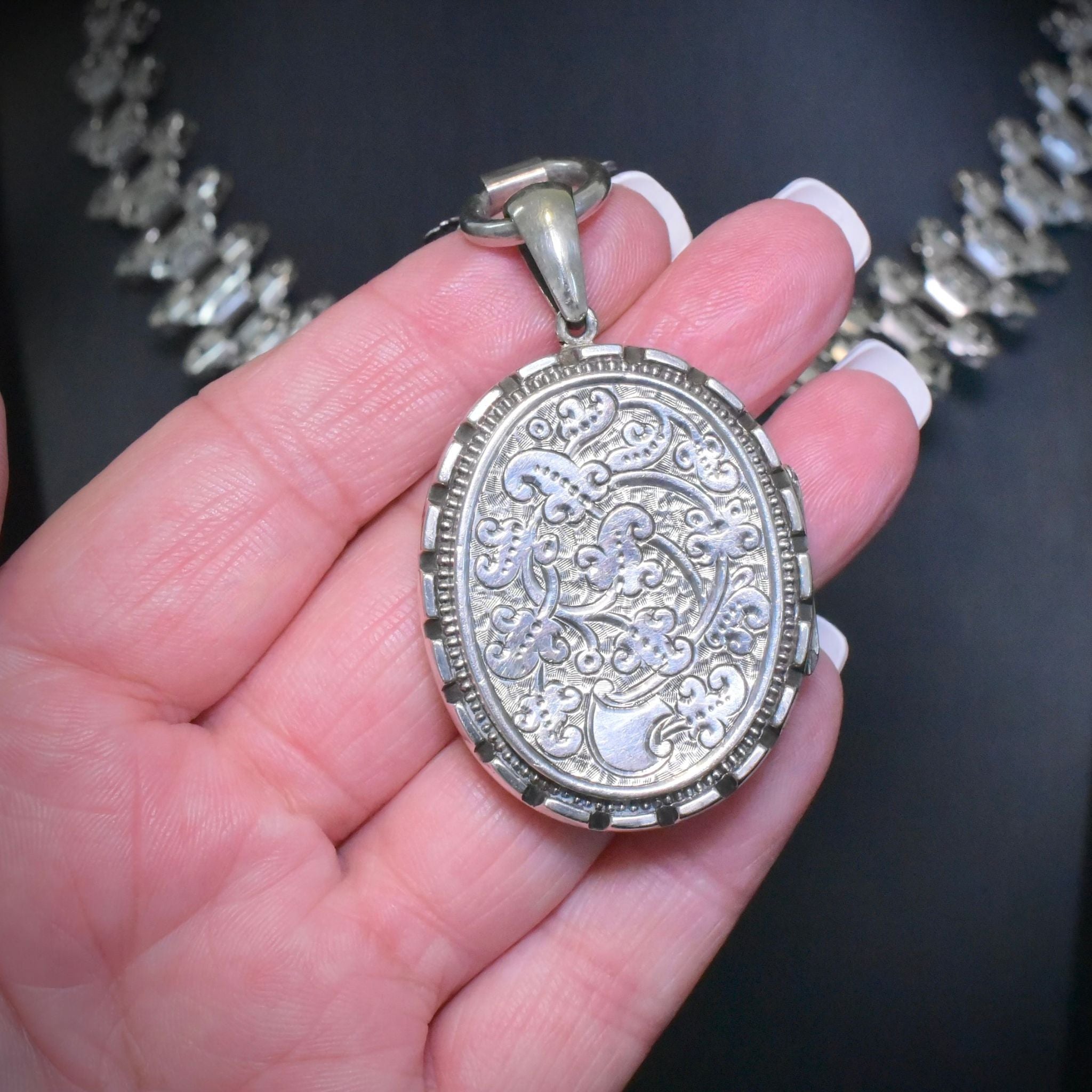 Antique Victorian Aesthetic Period Sterling Silver BookChain And Locket Circa 1885-1901
