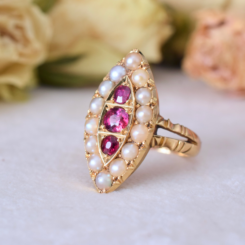 Antique Victorian 18ct Yellow Gold Ruby And Pearl Navette Ring - 1876