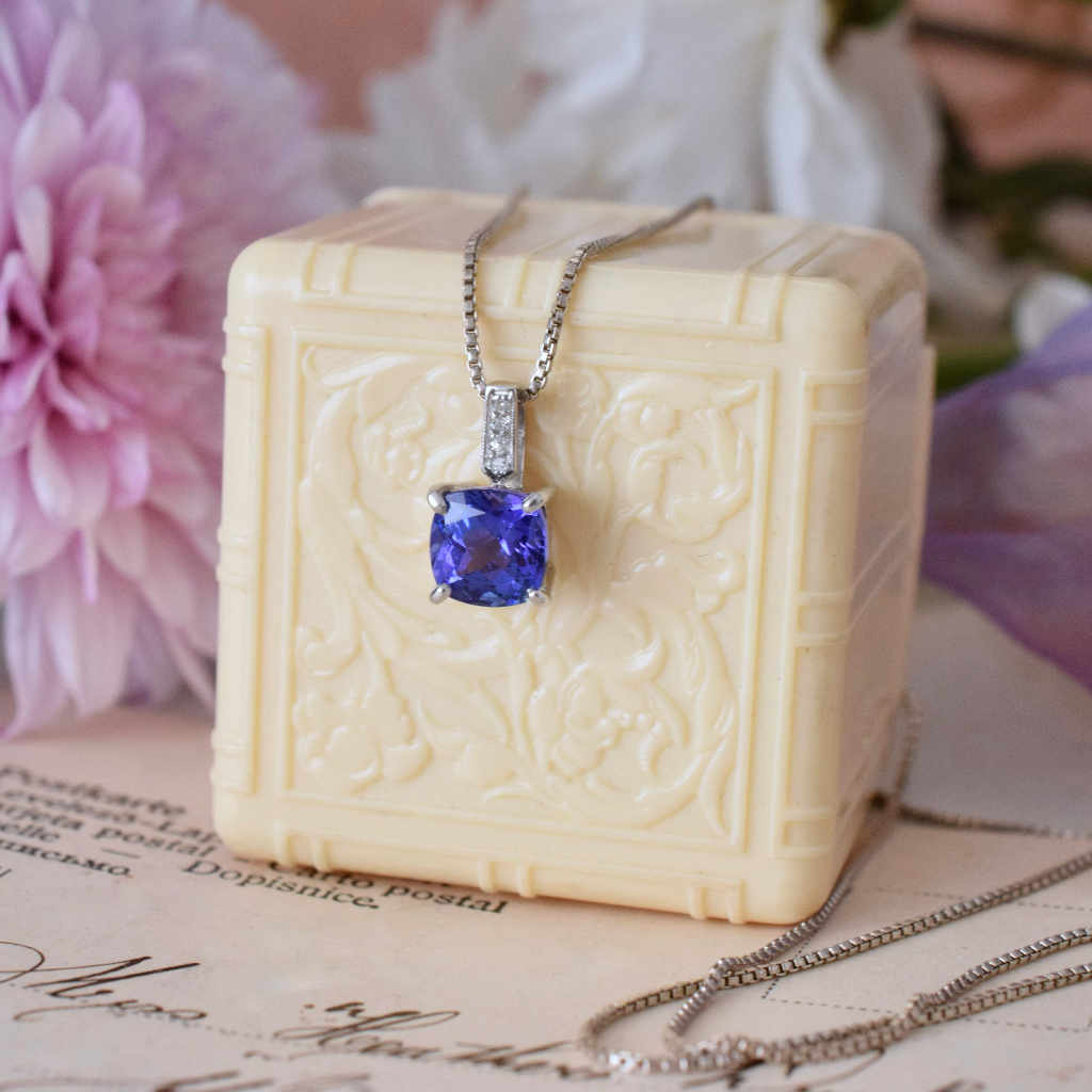 Modern 9ct White Gold Tanzanite And Diamond Pendant