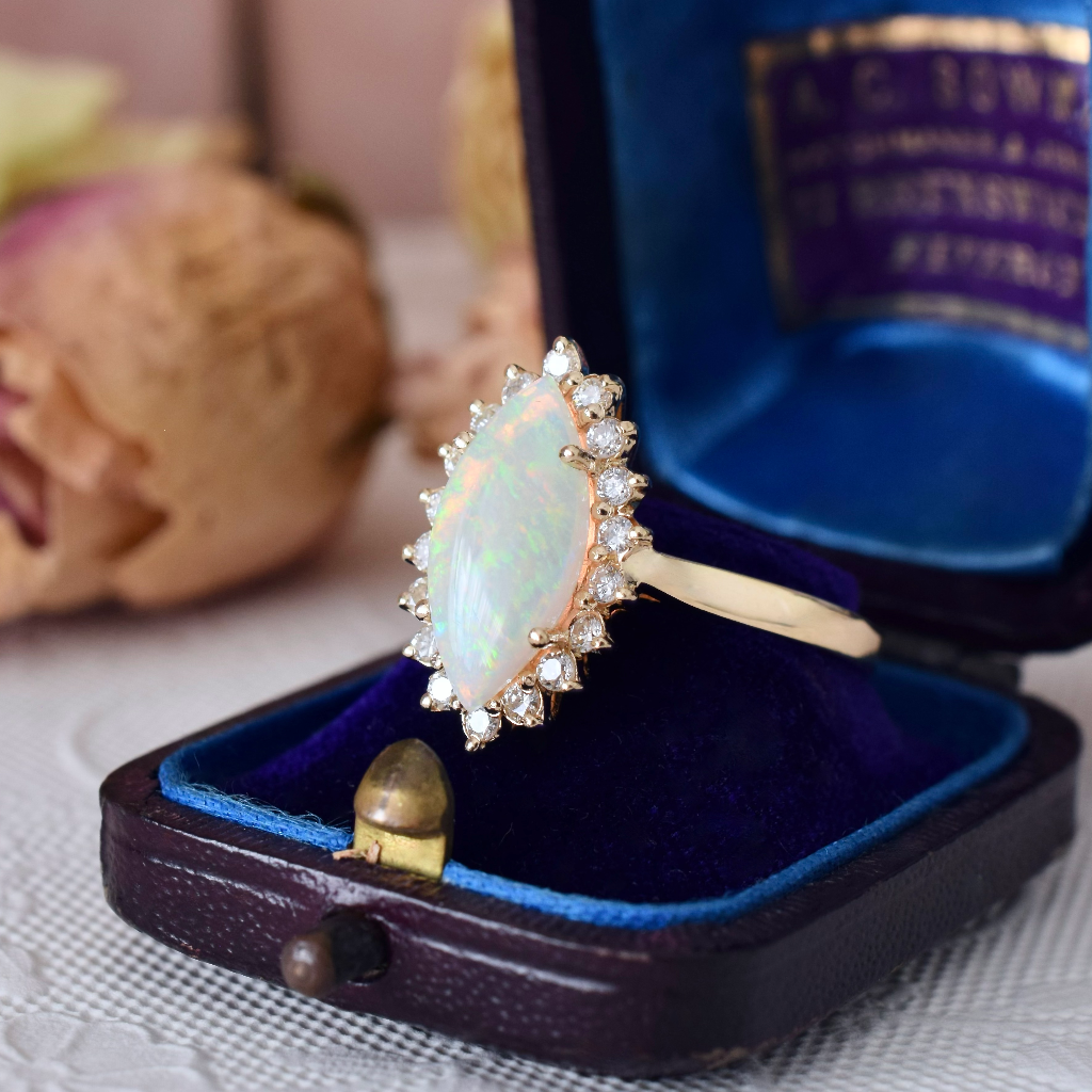 Modern 14ct Yellow Gold Solid White Crystal Opal And Diamond Ring