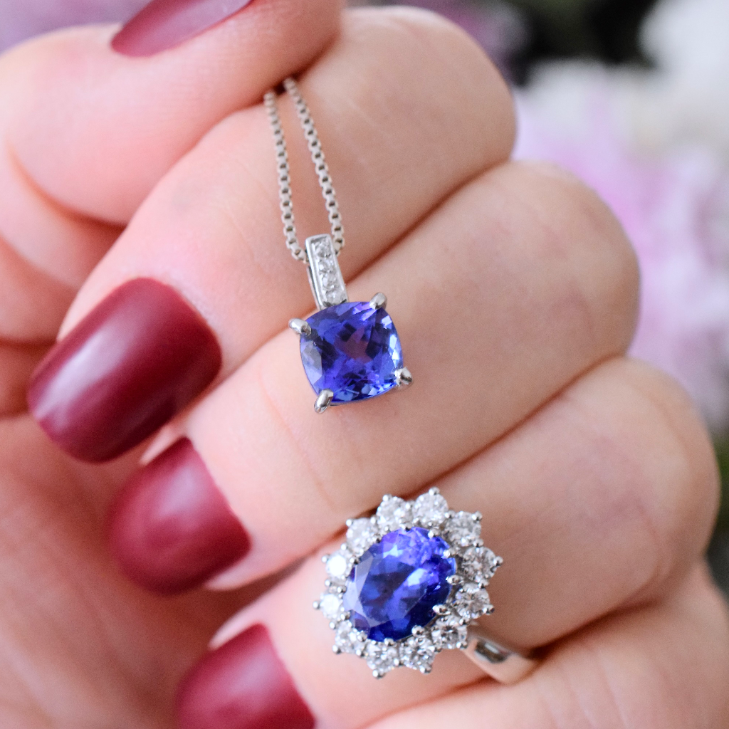 Modern 9ct White Gold Tanzanite And Diamond Pendant