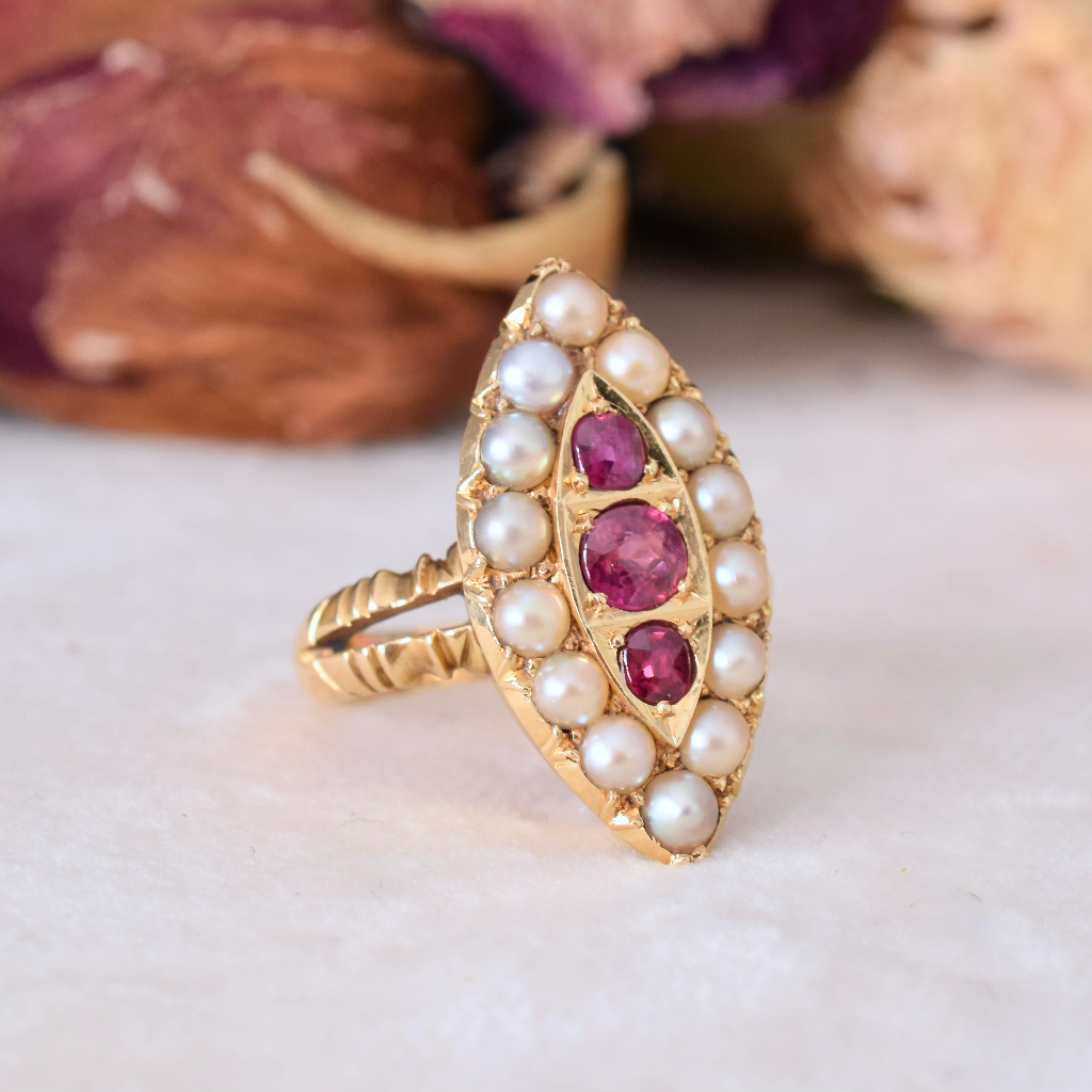 Antique Victorian 18ct Yellow Gold Ruby And Pearl Navette Ring - 1876