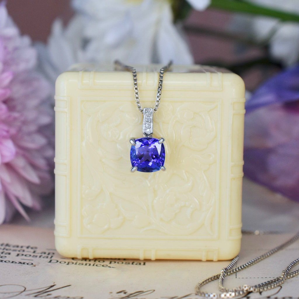 Modern 9ct White Gold Tanzanite And Diamond Pendant