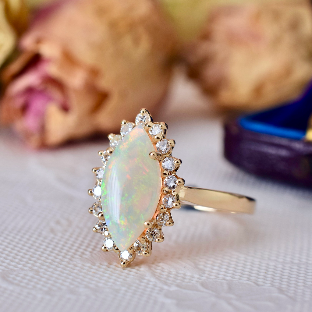 Modern 14ct Yellow Gold Solid White Crystal Opal And Diamond Ring