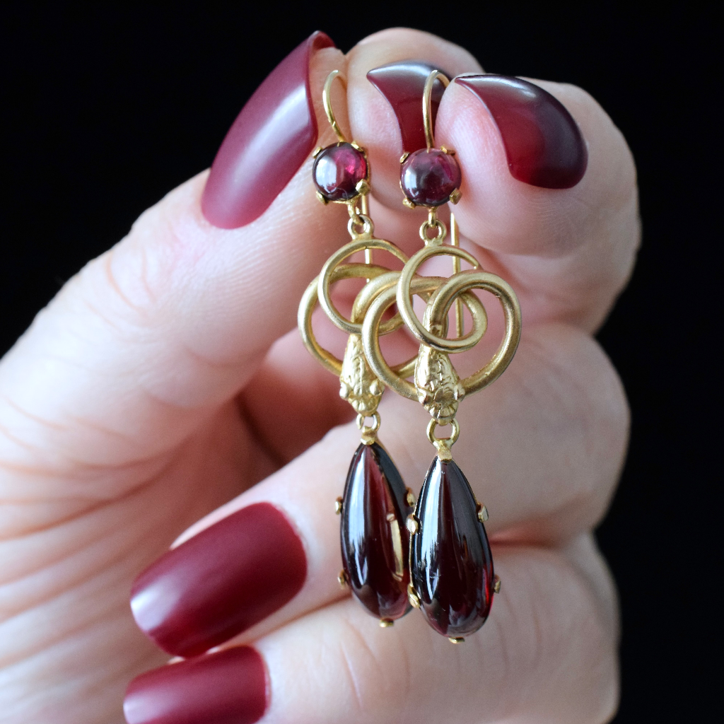 Antique Victorian 11ct Gold And Garnet Snake Earrings Circa 1880