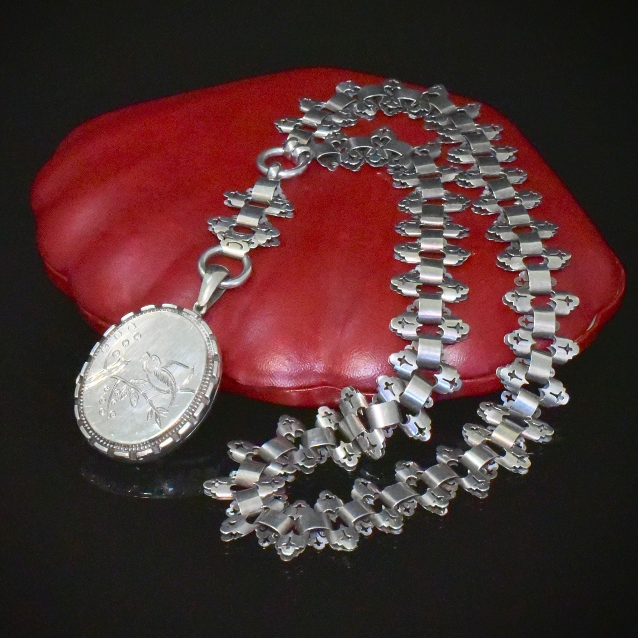 Antique Victorian Aesthetic Period Sterling Silver BookChain And Locket Circa 1885-1901