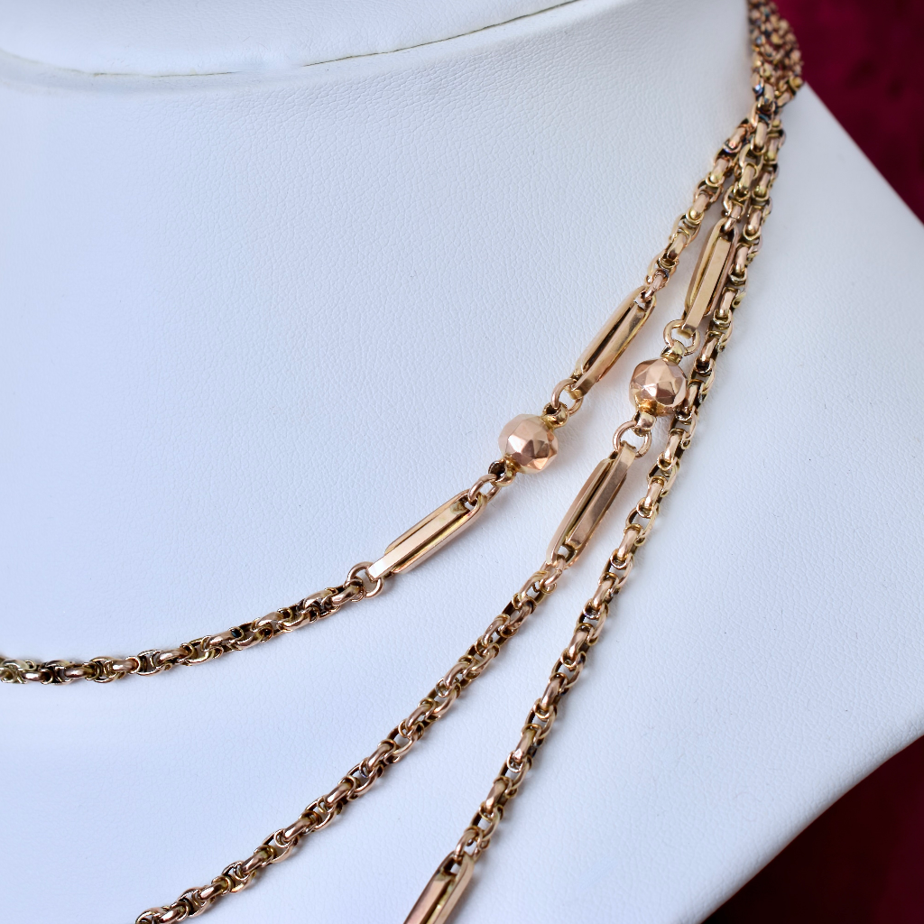 Antique Victorian 9ct Rose Gold Fancy Ball And Link Long Chain Circa 1890