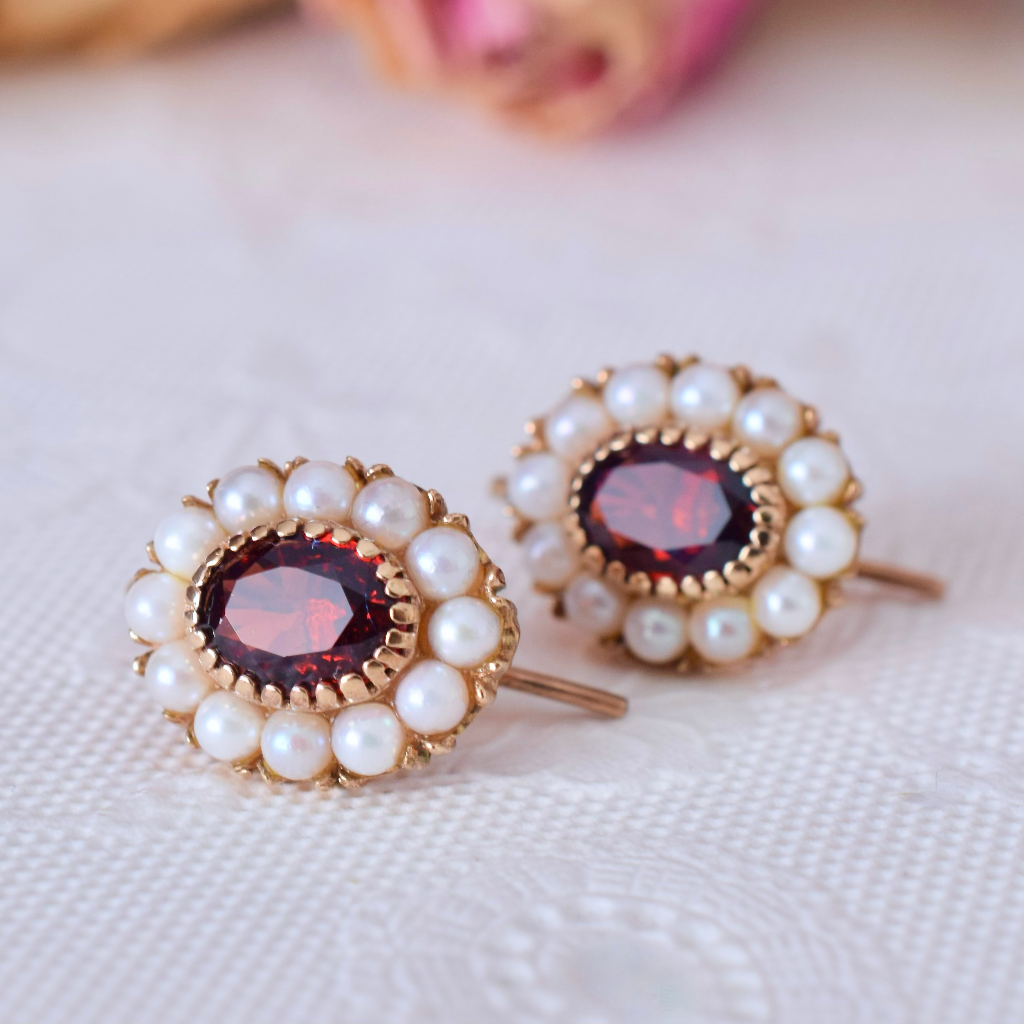 Vintage 9ct Yellow Gold Garnet And Pearl Earrings