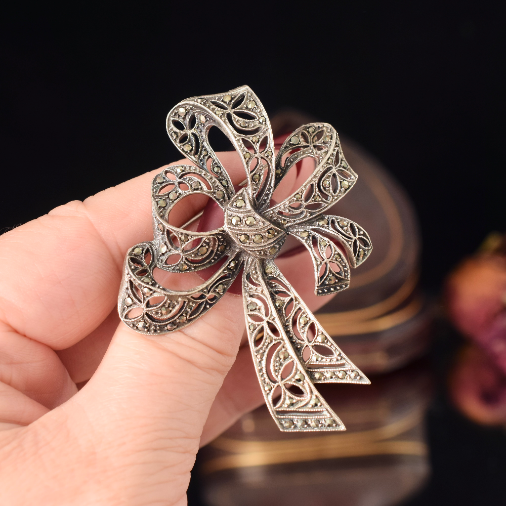 Vintage Sterling Silver And Marcasite ‘Bow’ Brooch Circa 1940-1950’s