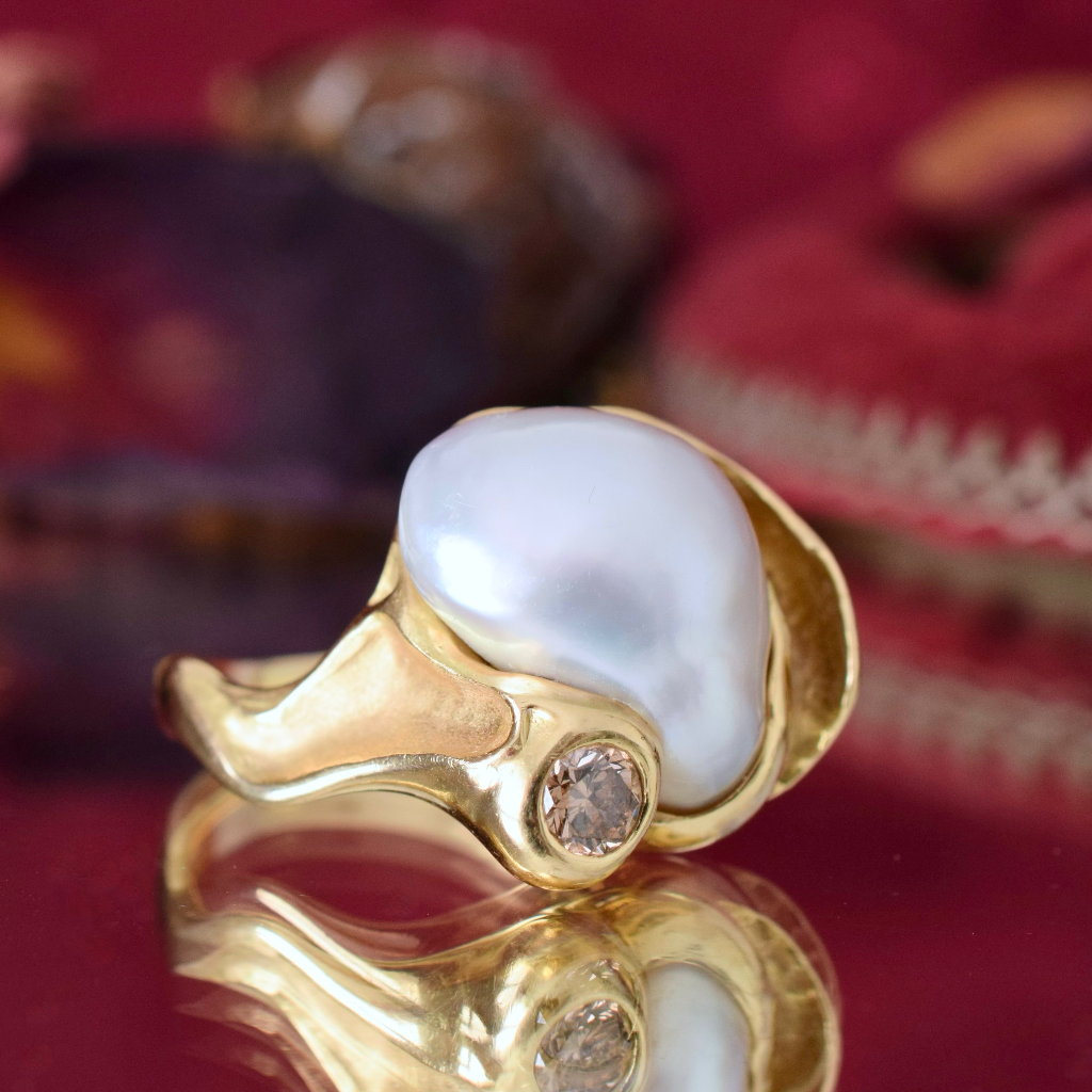 Superb 18ct Yellow Gold South Sea Keshi Pearl And Argyle Champagne Diamond Ring Independent Valuation Included For $16,500 AUD