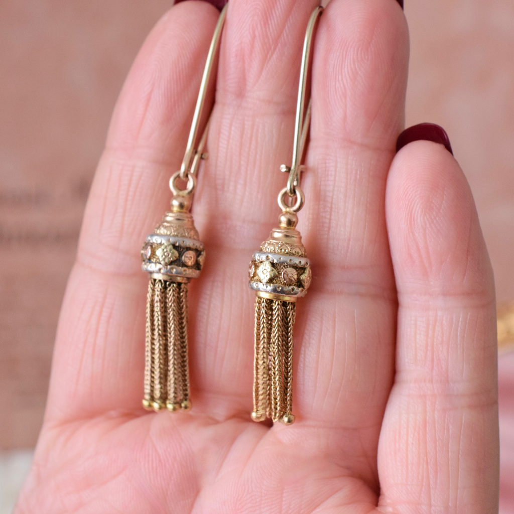 Antique Victorian 15ct (9ct Hooks) Tri-Colour Gold Tassel Earrings Circa 1870-1880