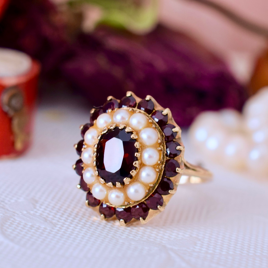 Vintage 9ct Yellow Gold Garnet And Pearl Ring
