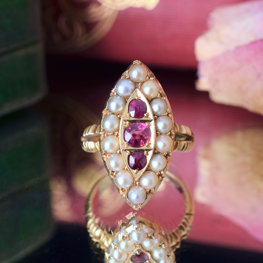 Antique Victorian 18ct Yellow Gold Ruby And Pearl Navette Ring - 1876