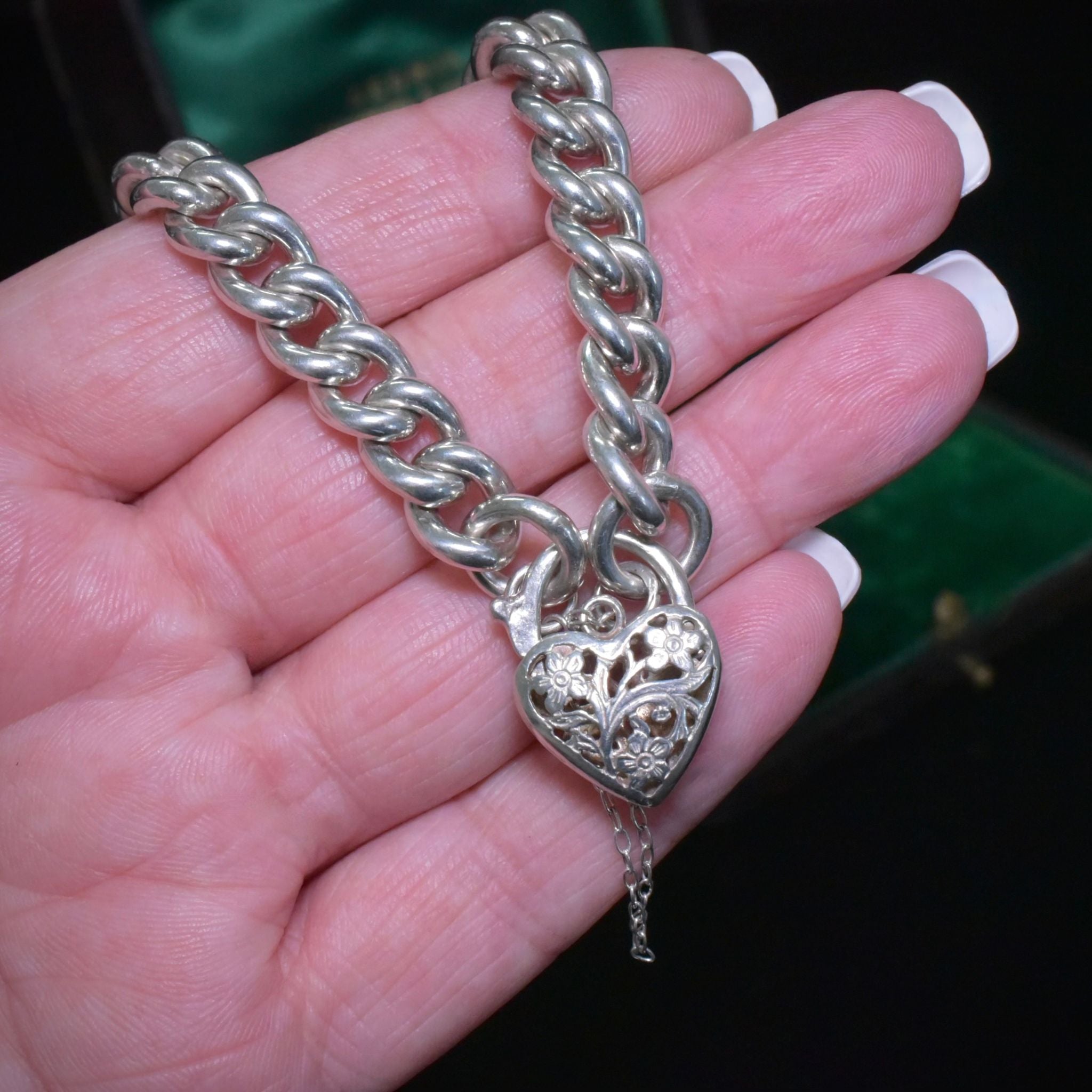 Vintage Sterling Silver Curb-Link Bracelet With Heart Floral Padlock Clasp
