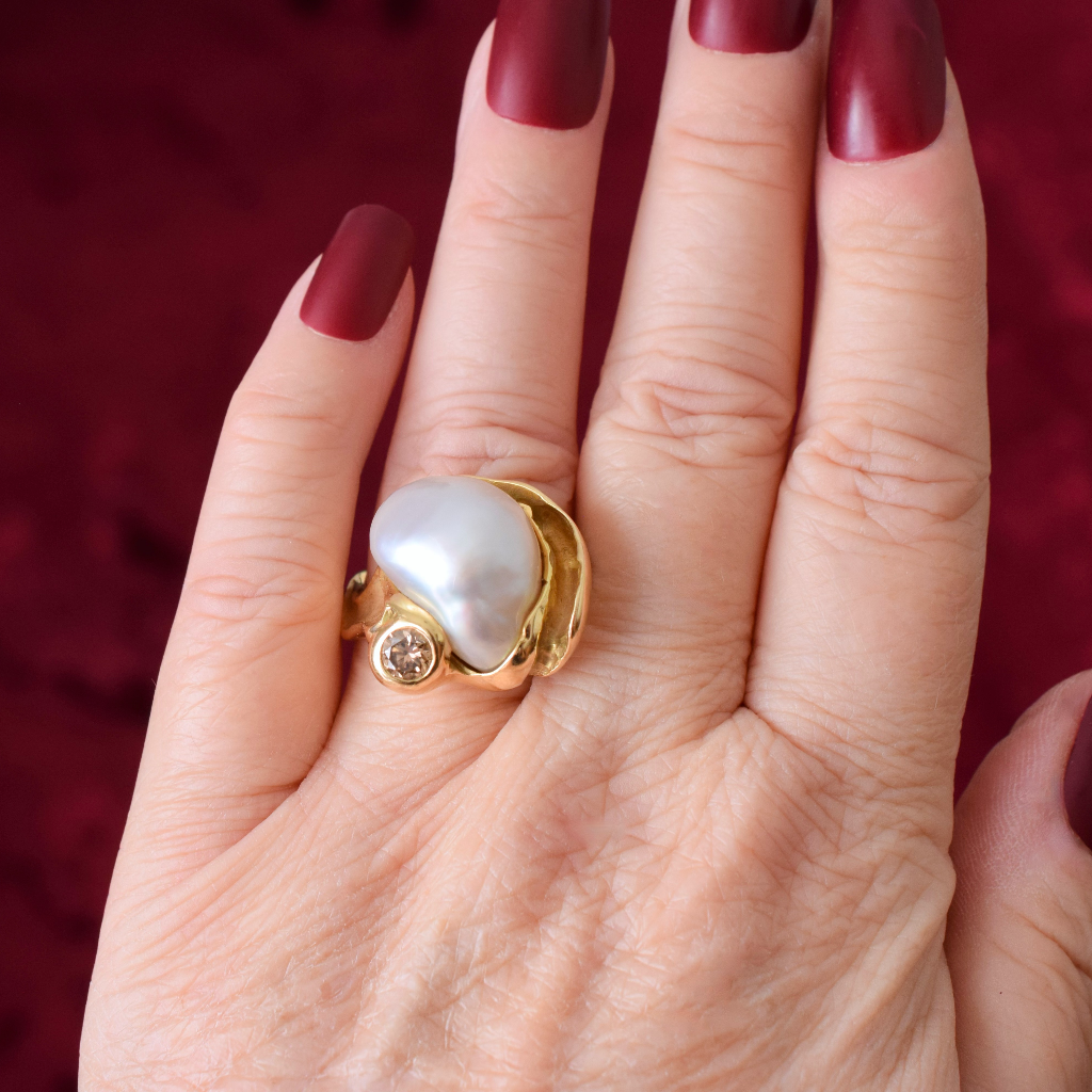 Superb 18ct Yellow Gold South Sea Keshi Pearl And Argyle Champagne Diamond Ring Independent Valuation Included For $16,500 AUD