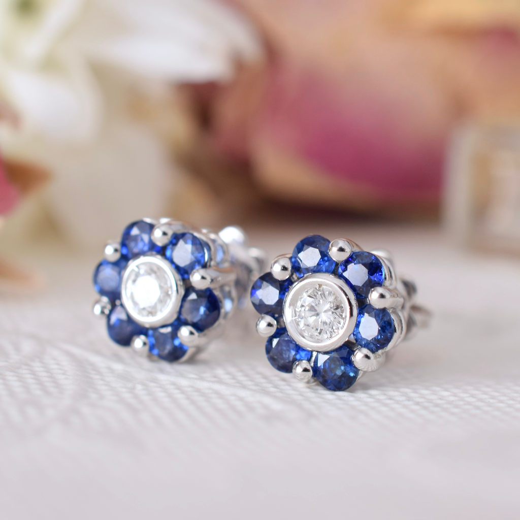 Modern 18ct White Gold Diamond And Sapphire Daisy Cluster Earrings