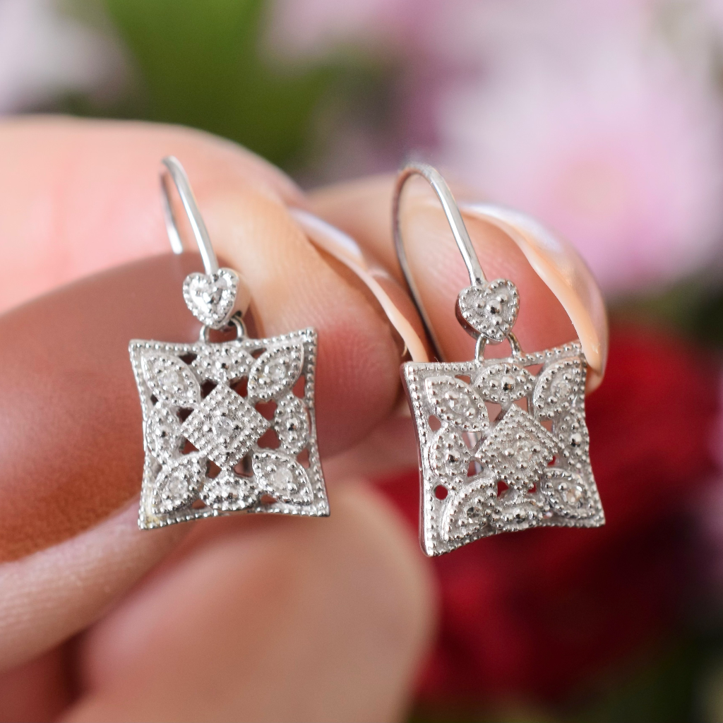 Modern 9ct White Gold Diamond Drop Earrings