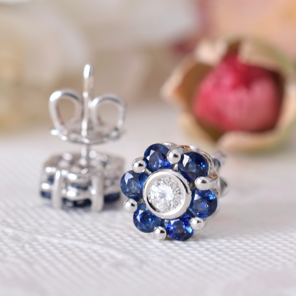 Modern 18ct White Gold Diamond And Sapphire Daisy Cluster Earrings