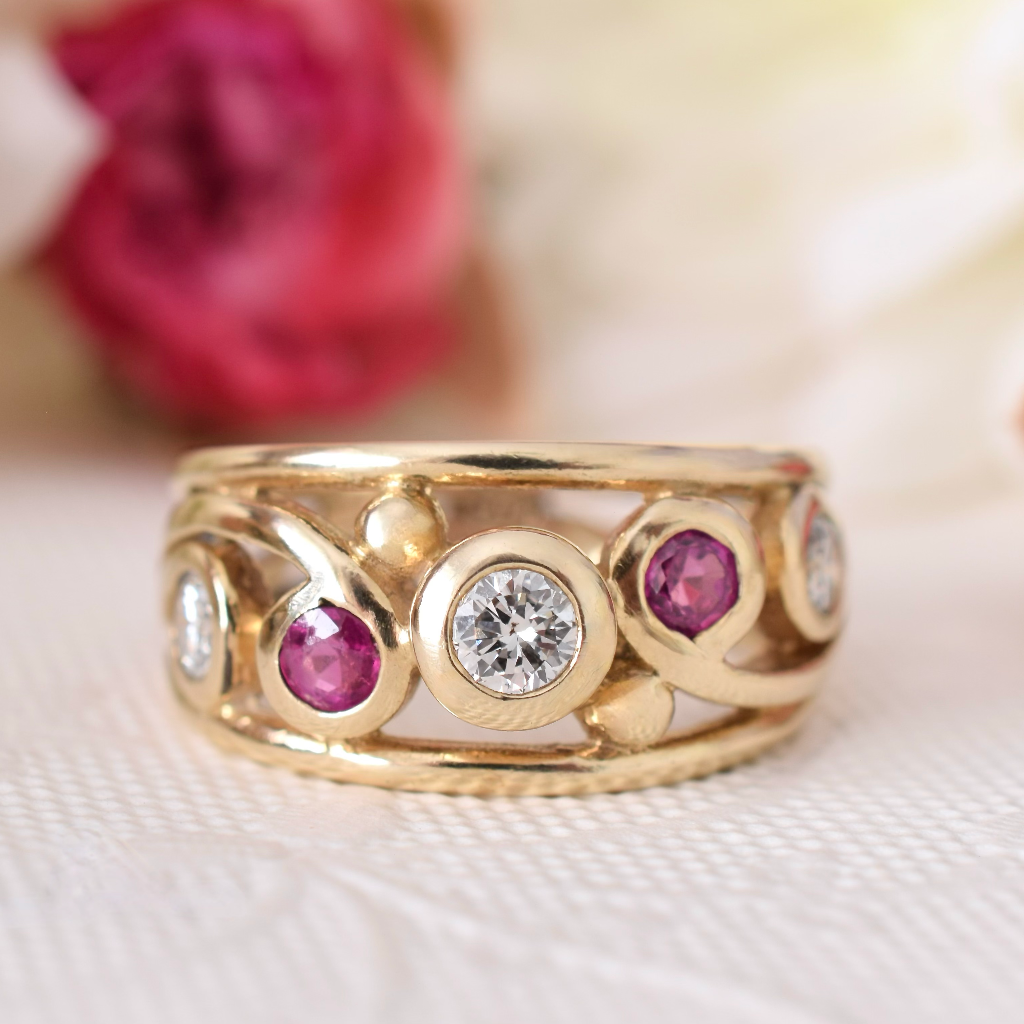 Modern 9ct Yellow Gold Diamond And Ruby Ring