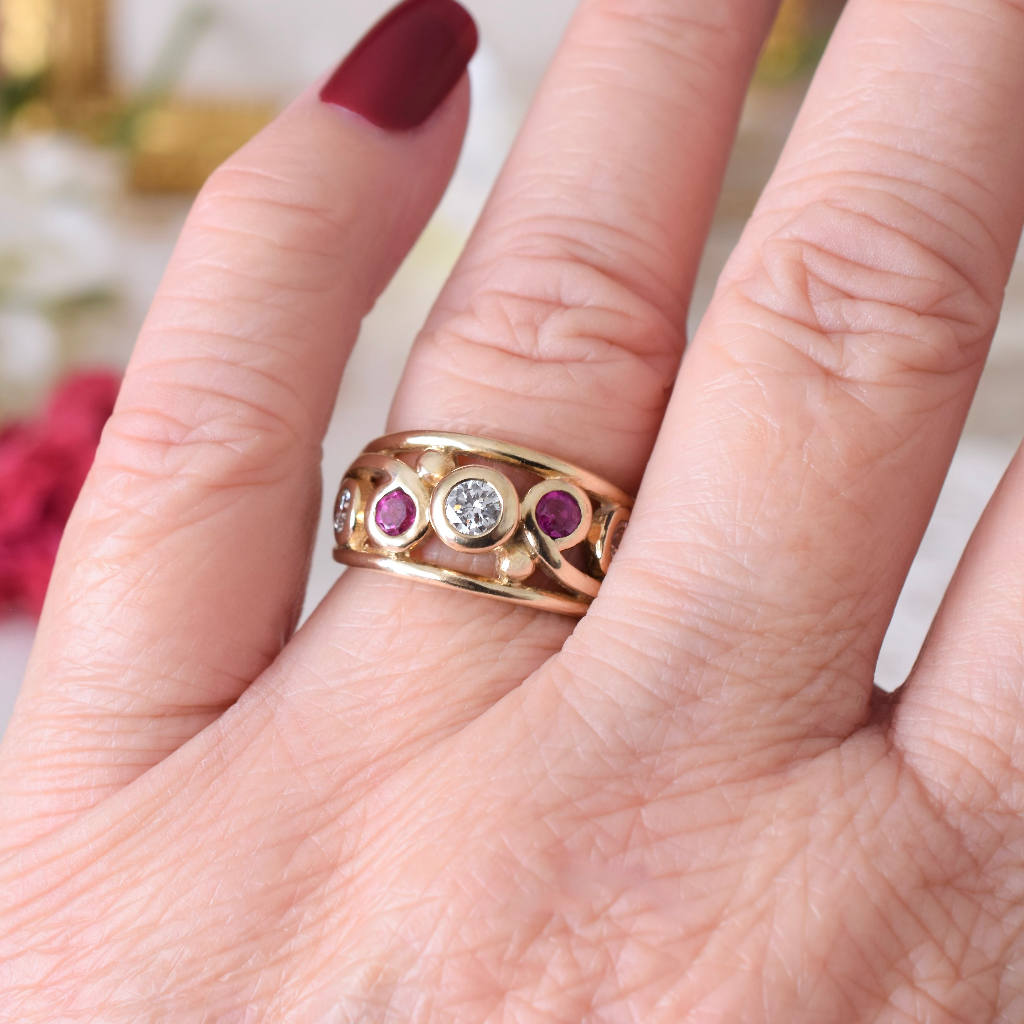 Modern 9ct Yellow Gold Diamond And Ruby Ring