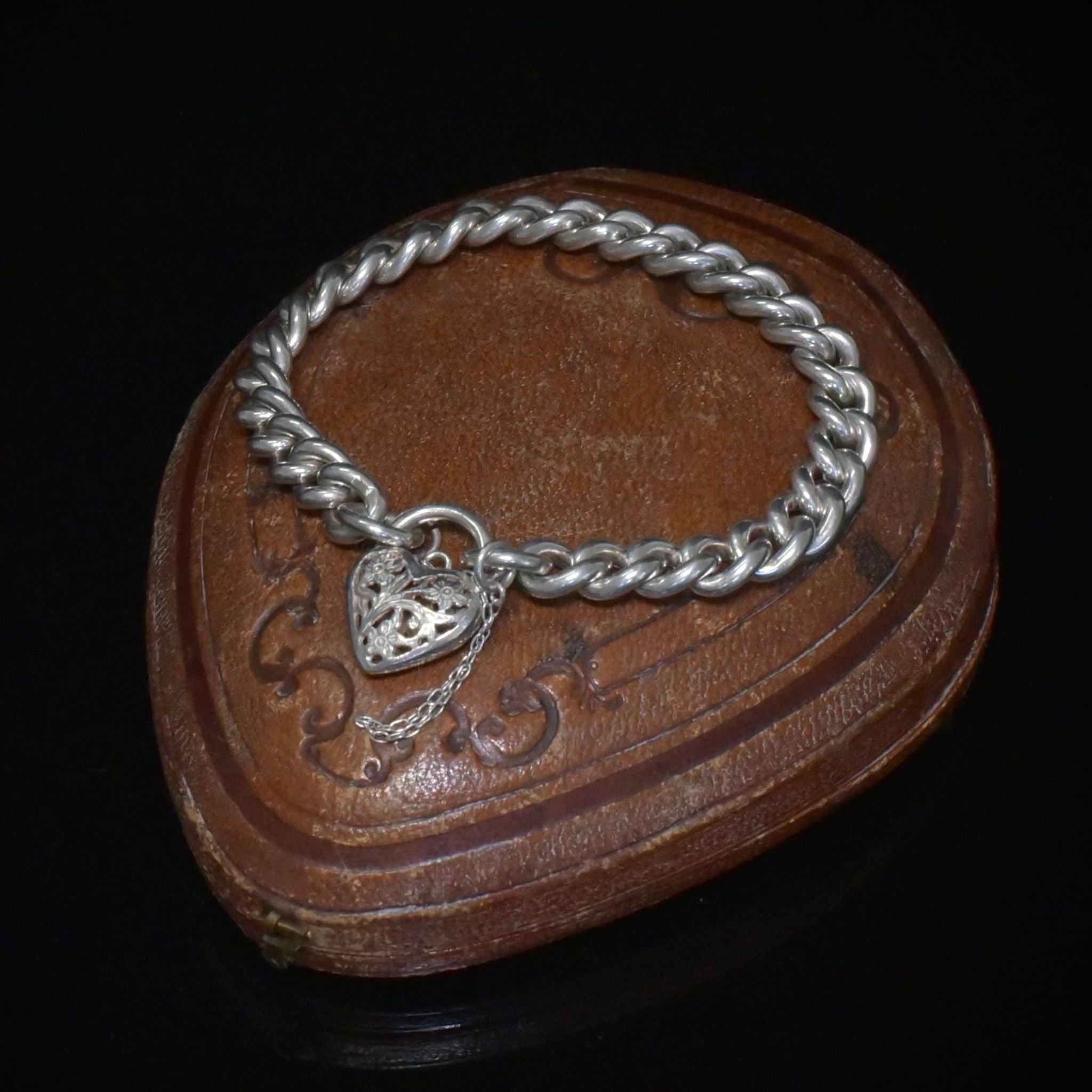Vintage Sterling Silver Curb-Link Bracelet With Heart Floral Padlock Clasp