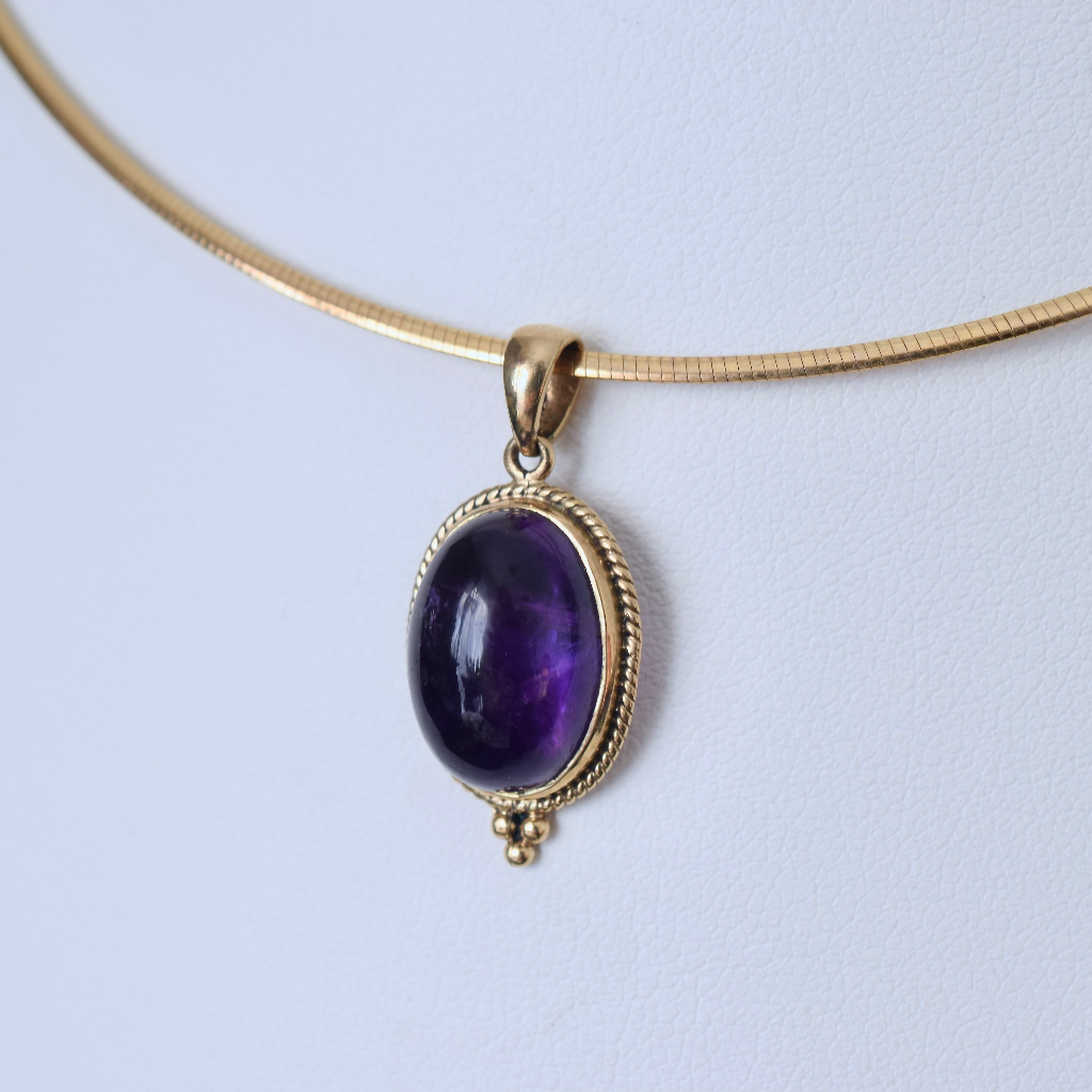Modern 9ct Yellow Gold Omega Chain And Amethyst Pendant