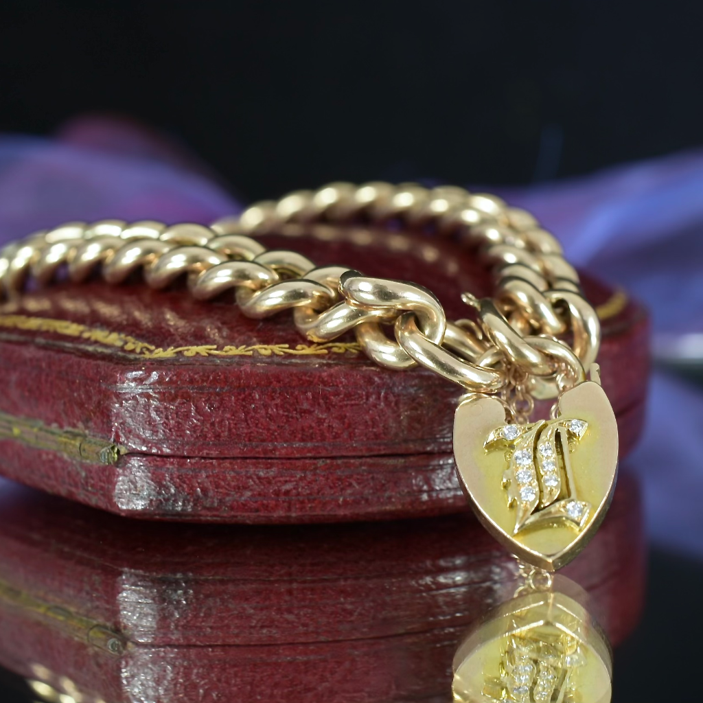 Antique Victorian 9ct Rose Gold And Diamond Padlock Bracelet - 1901