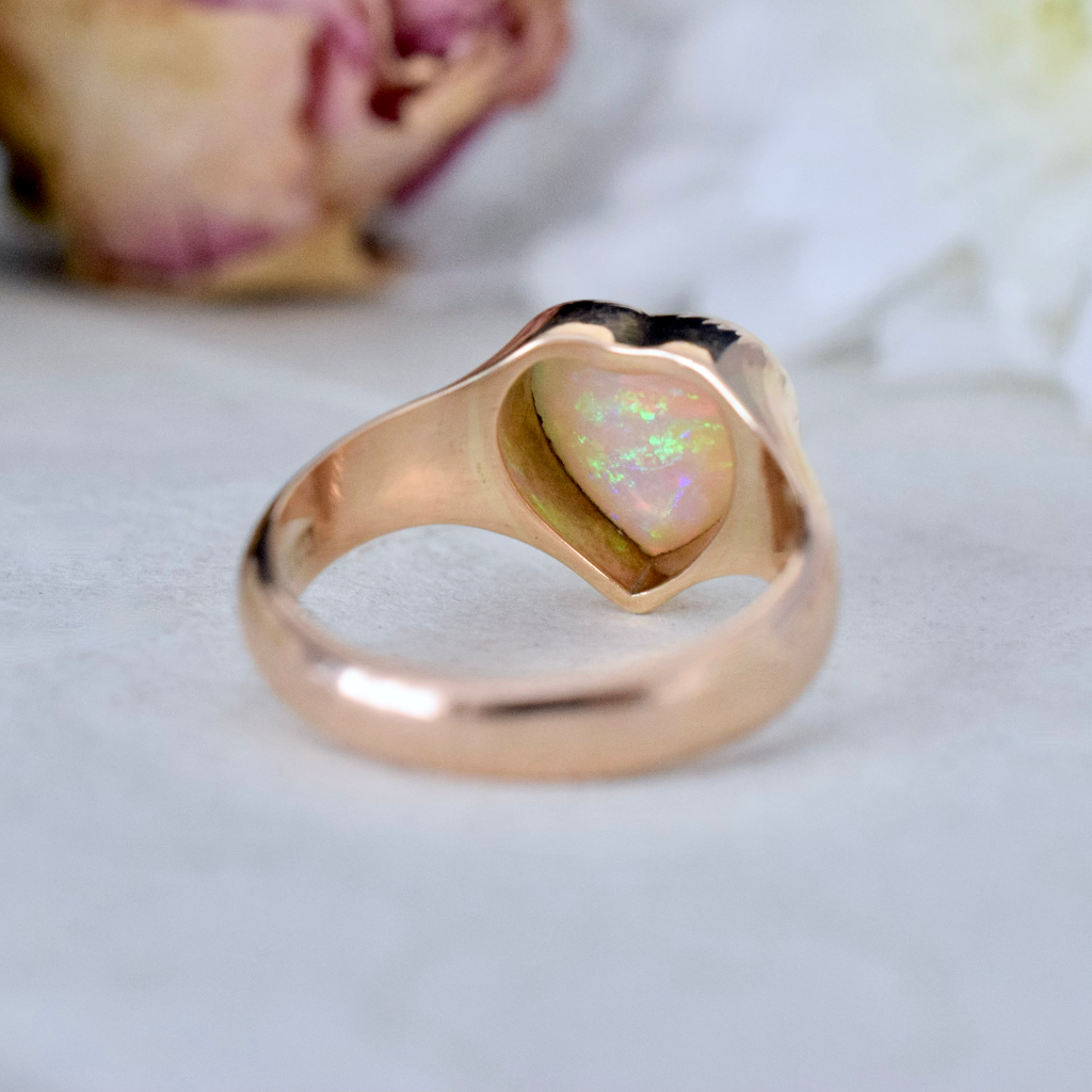 Antique Australian 18ct Rose Gold Heart Shaped Solid Dark Opal Ring Circa 1900-1920