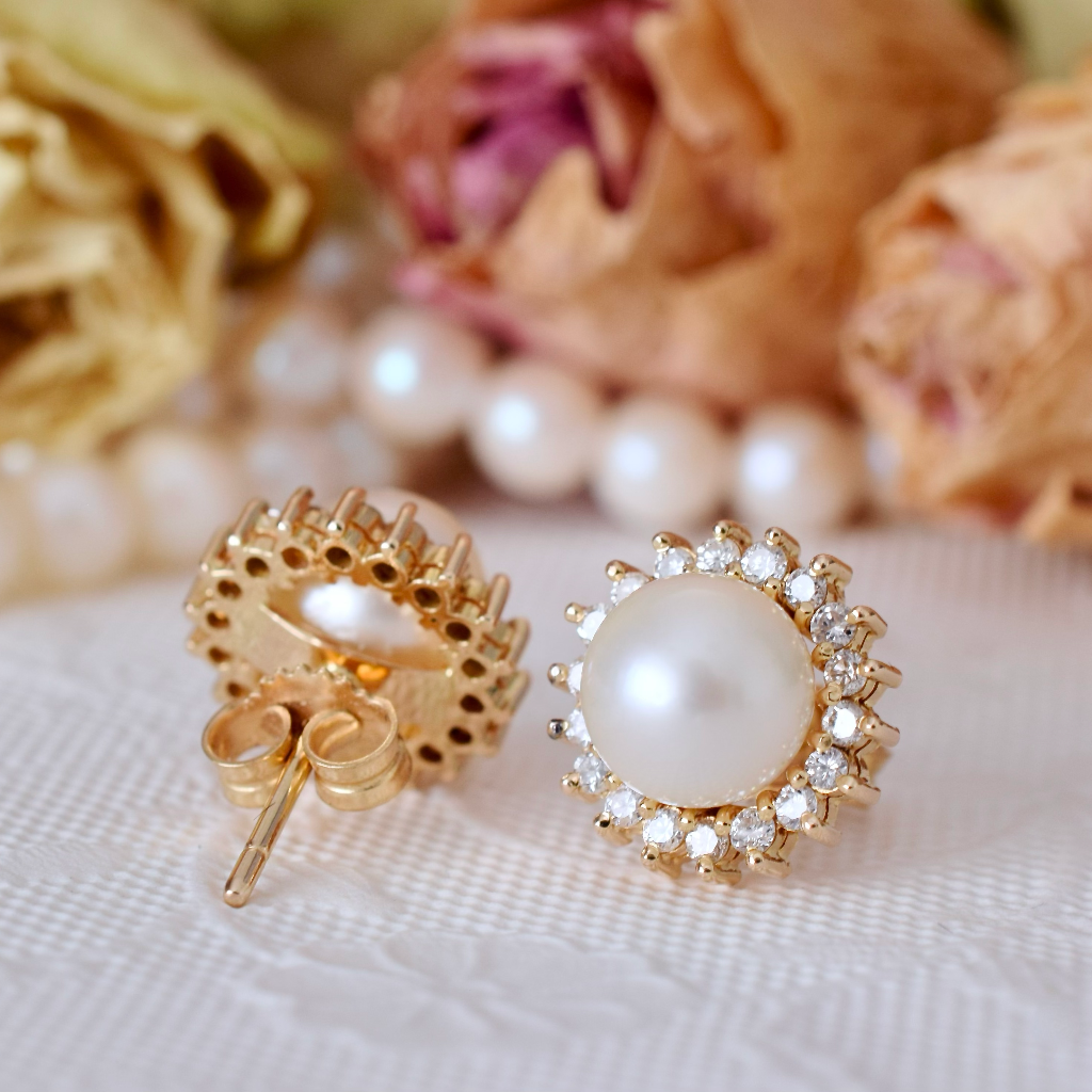 Modern 14ct Yellow Gold Pearl And Diamond Earrings