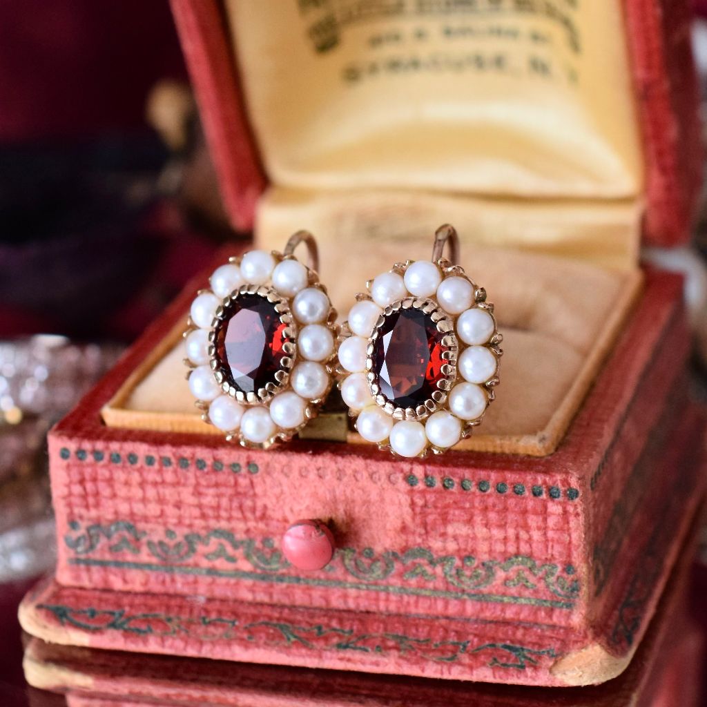 Vintage 9ct Yellow Gold Garnet And Pearl Earrings