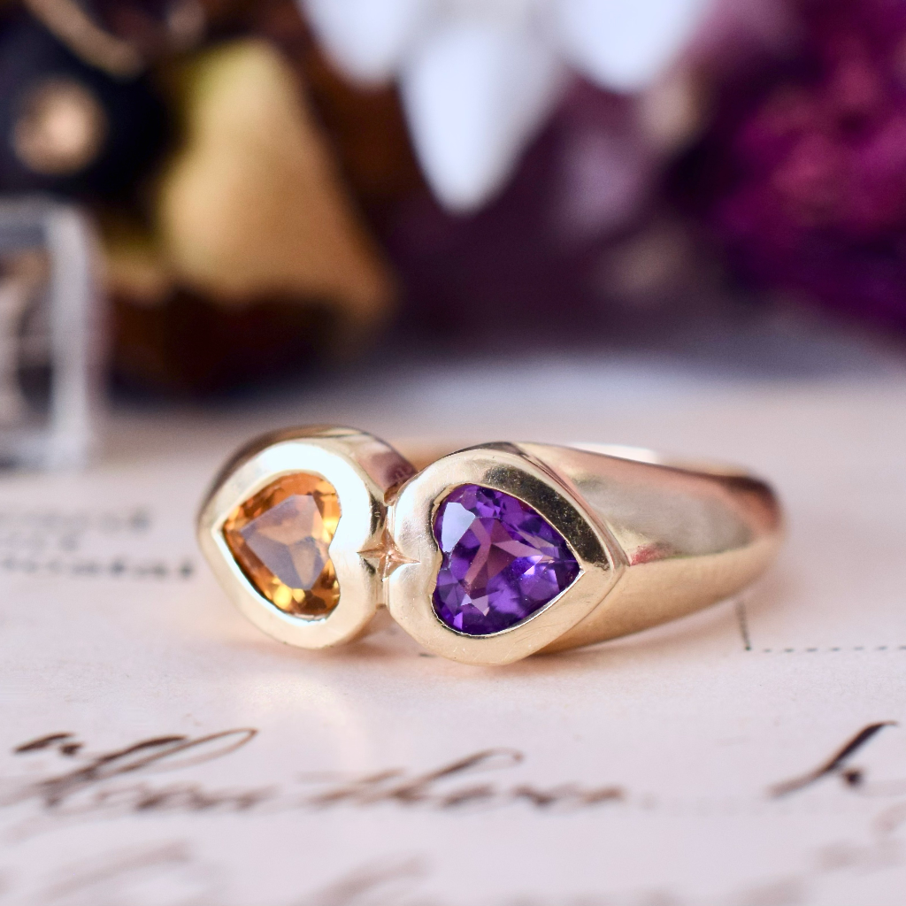 Modern 9ct Yellow Gold Amethyst And Citrine Hearts Ring