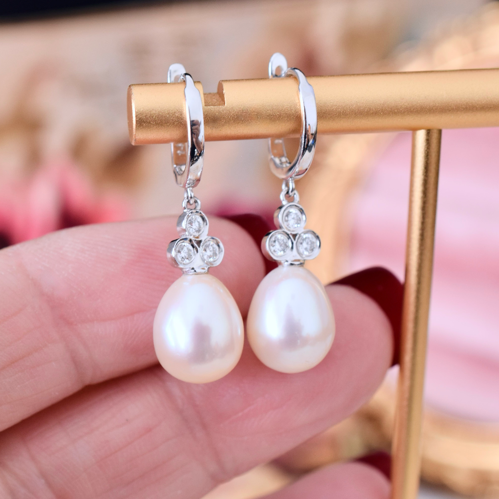 Modern 14ct White Gold Diamond And Pearl Earrings