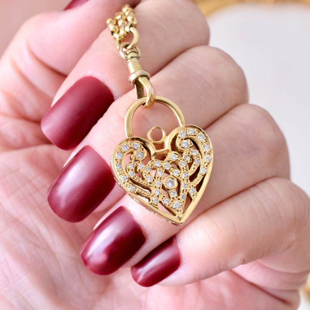 Modern 18ct Yellow Gold And Diamond Heart Padlock