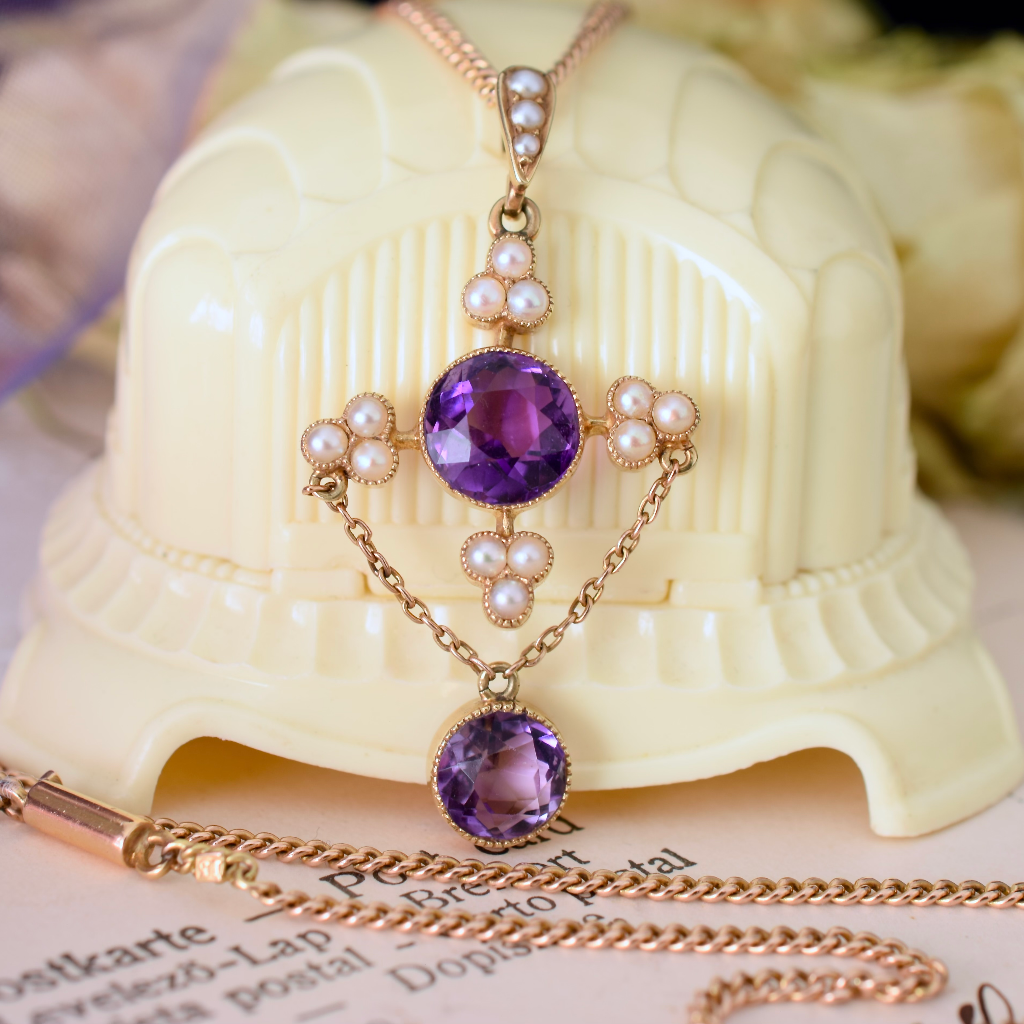 Antique Edwardian 15ct Rose Gold Amethyst And Seed Pearl Pendant Necklace Circa 1910