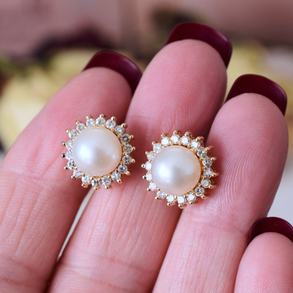 Modern 14ct Yellow Gold Pearl And Diamond Earrings