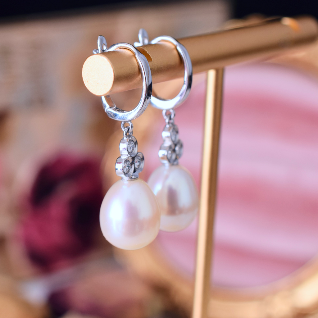 Modern 14ct White Gold Diamond And Pearl Earrings
