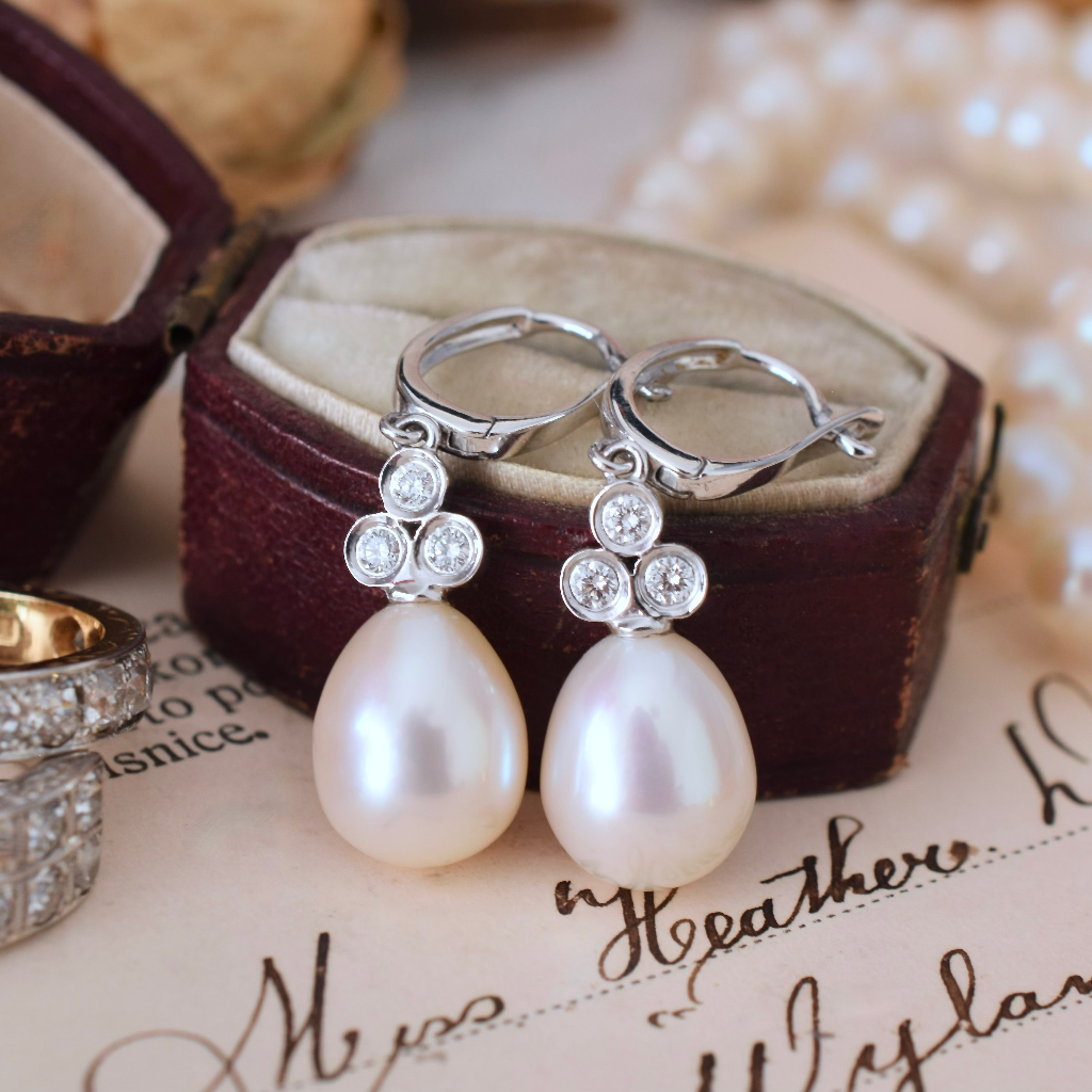 Modern 14ct White Gold Diamond And Pearl Earrings