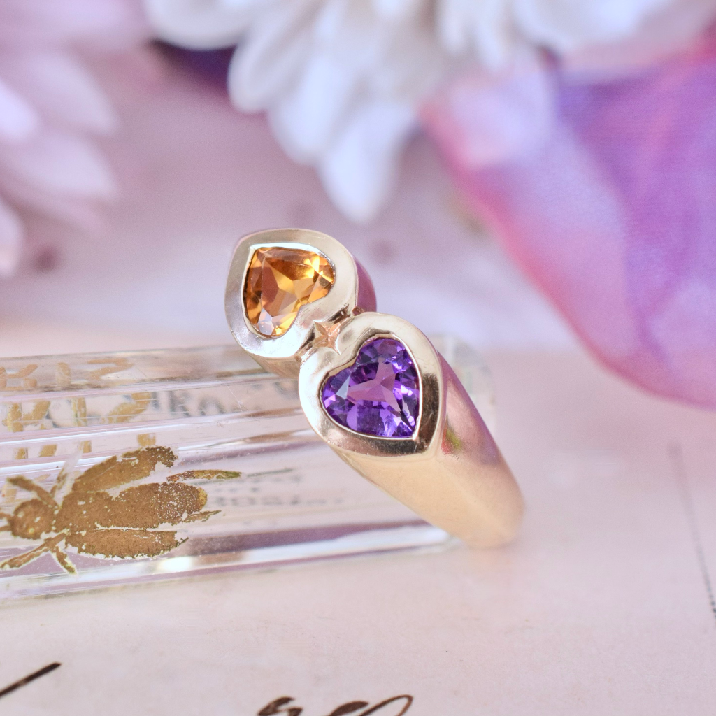Modern 9ct Yellow Gold Amethyst And Citrine Hearts Ring