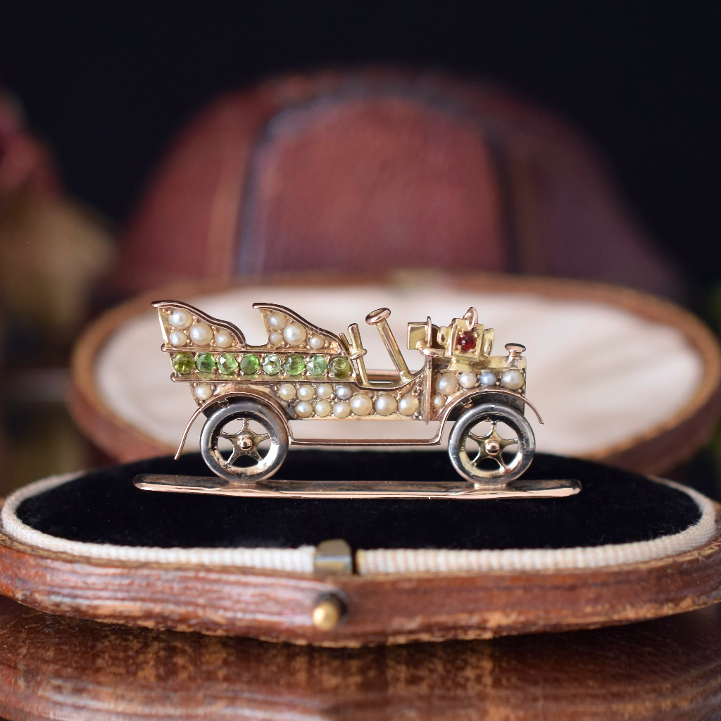 Antique Art Deco 12ct Rose Gold ‘Oldsmobile Model Z’ Peridot Seed Pearl Car Brooch Circa 1910