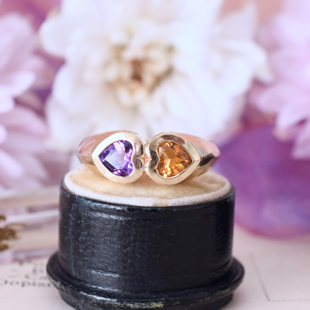 Modern 9ct Yellow Gold Amethyst And Citrine Hearts Ring