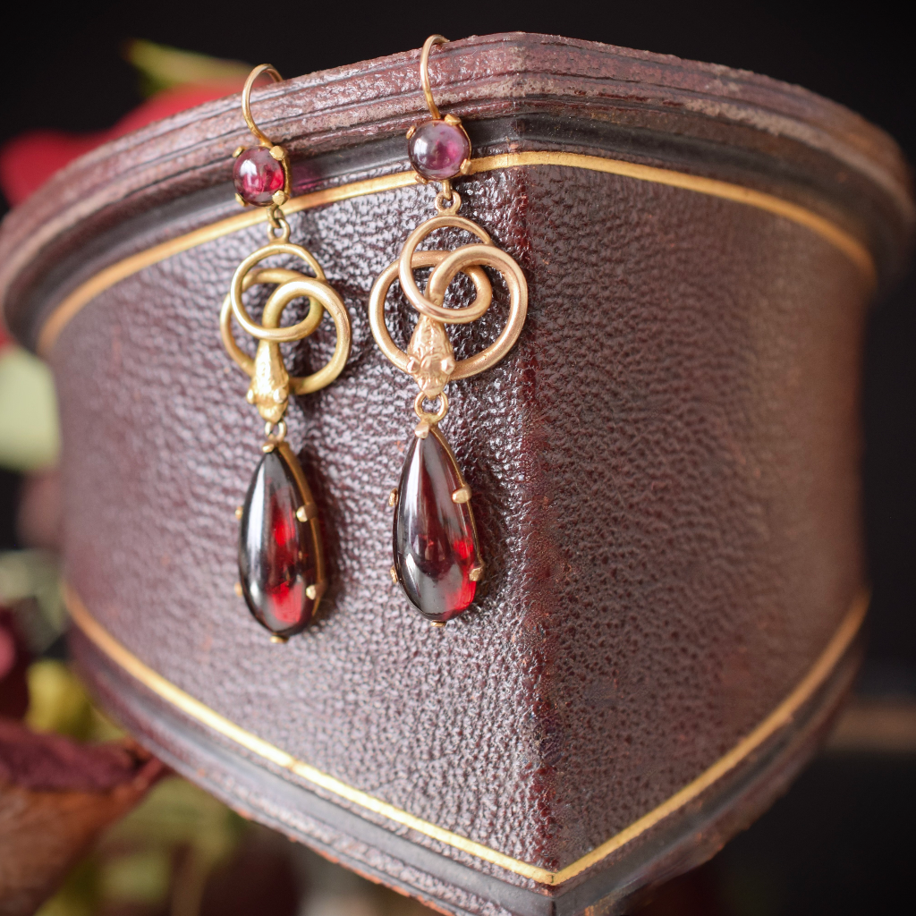 Antique Victorian 11ct Gold And Garnet Snake Earrings Circa 1880