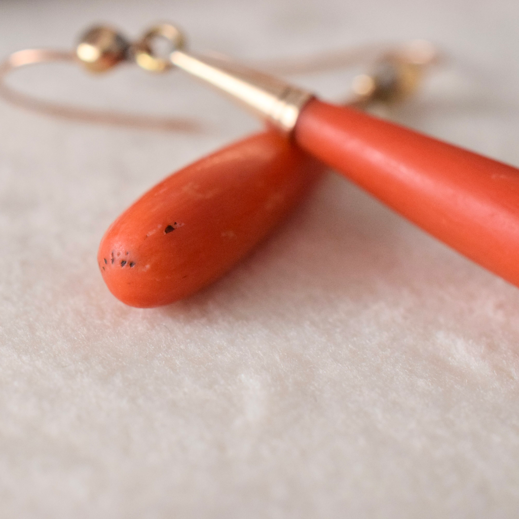 Antique 9ct Gold Salmon Coral Torpedo Drop Earrings