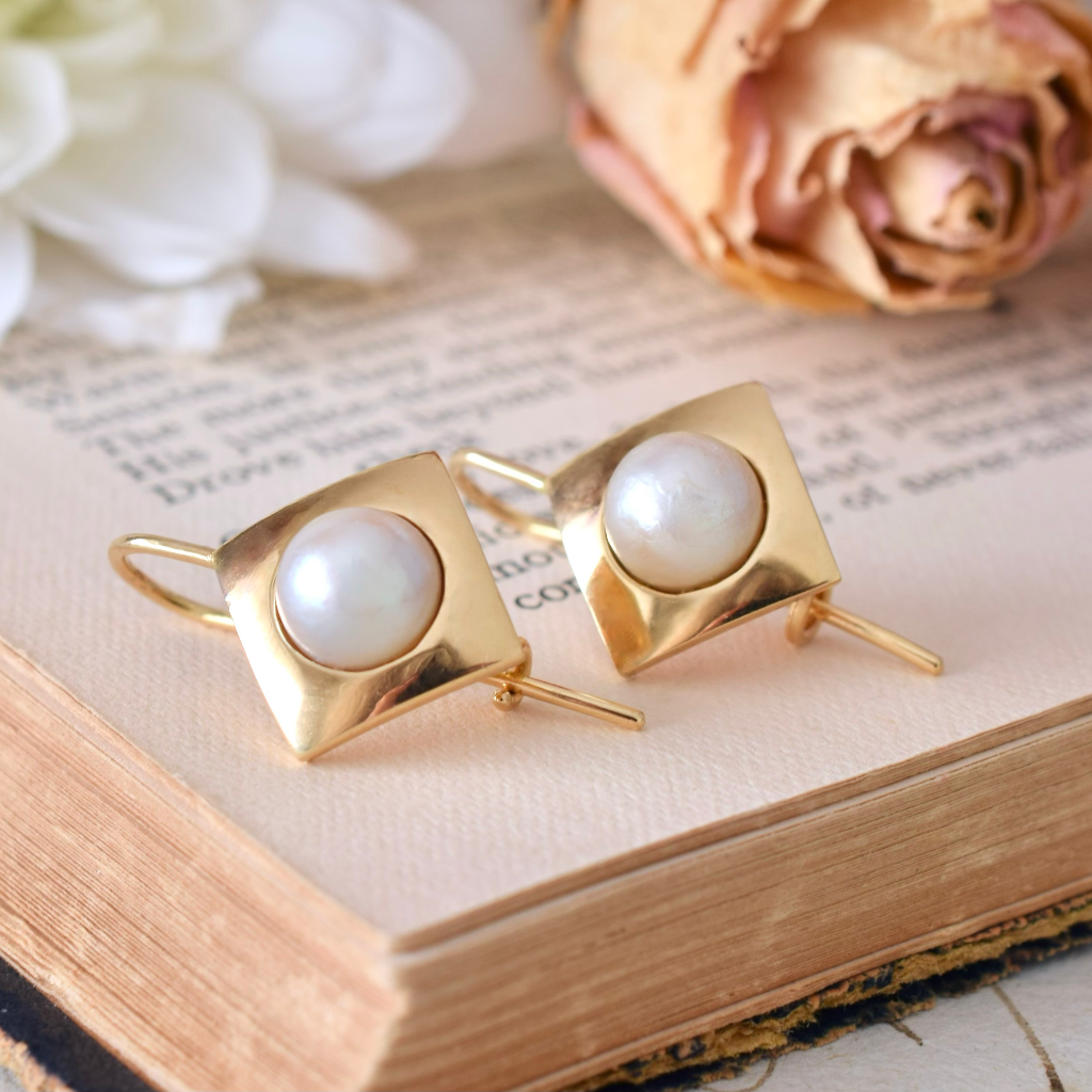 Modern 18ct Yellow Gold Pearl Earrings