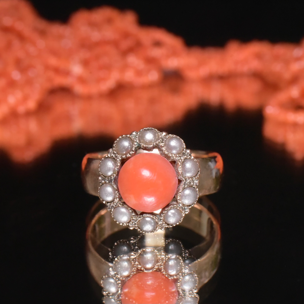 Antique/Vintage 9ct Yellow Gold Coral And Faux Seed Pearl Ring