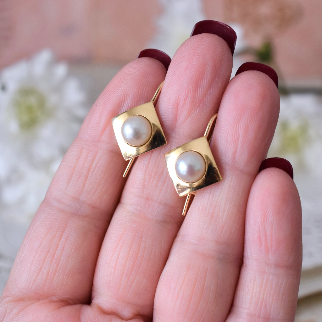 Modern 18ct Yellow Gold Pearl Earrings