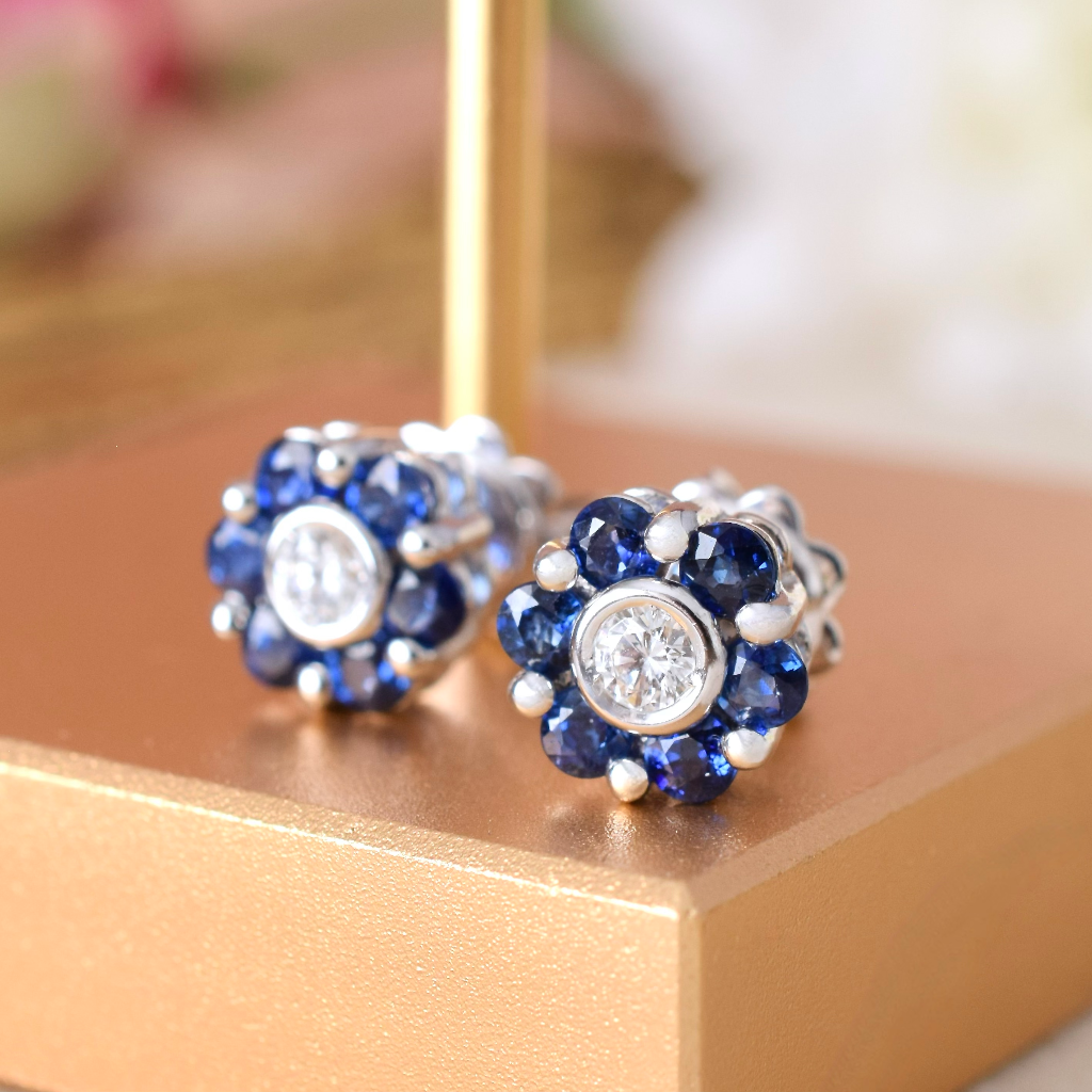 Modern 18ct White Gold Diamond And Sapphire Daisy Cluster Earrings