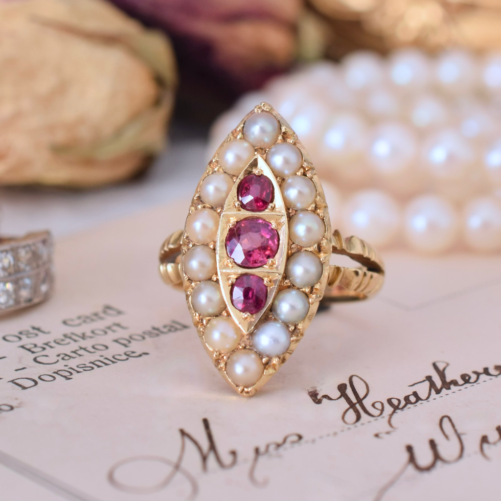 Antique Victorian 18ct Yellow Gold Ruby And Pearl Navette Ring - 1876