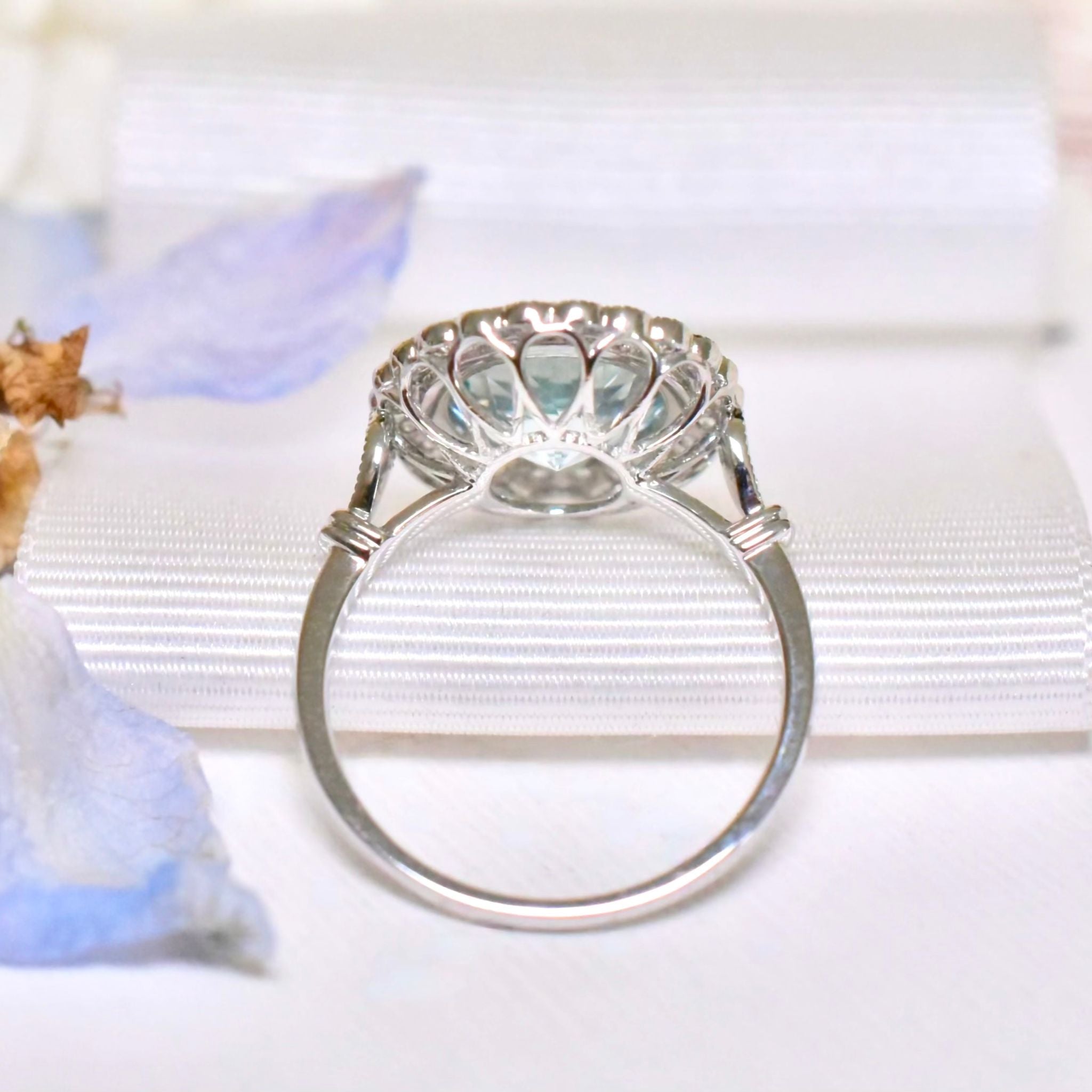 Modern 14ct White Gold Aquamarine And Diamond Daisy Halo Cluster